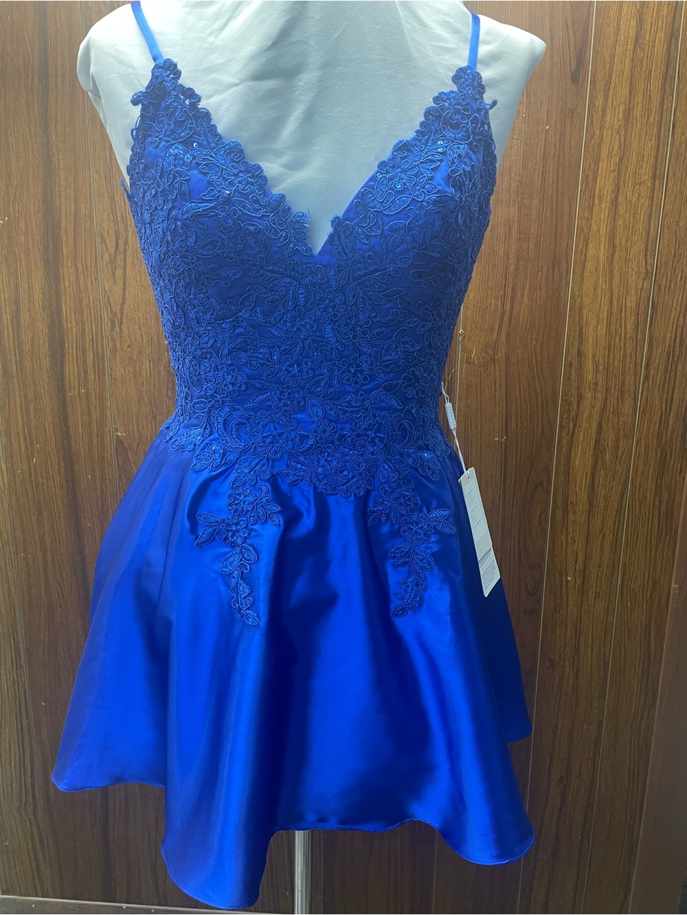 Stacees Royal Blue beaded Lace-Appliqué Satin Dress
